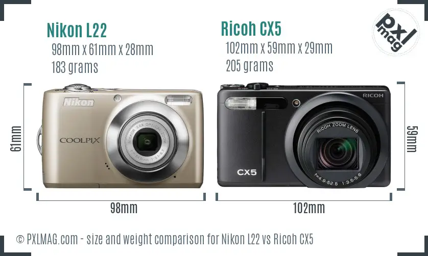 Nikon L22 vs Ricoh CX5 size comparison