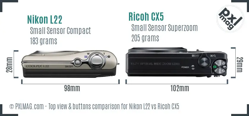 Nikon L22 vs Ricoh CX5 top view buttons comparison