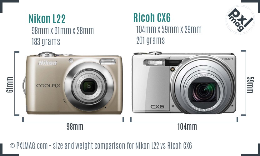 Nikon L22 vs Ricoh CX6 size comparison