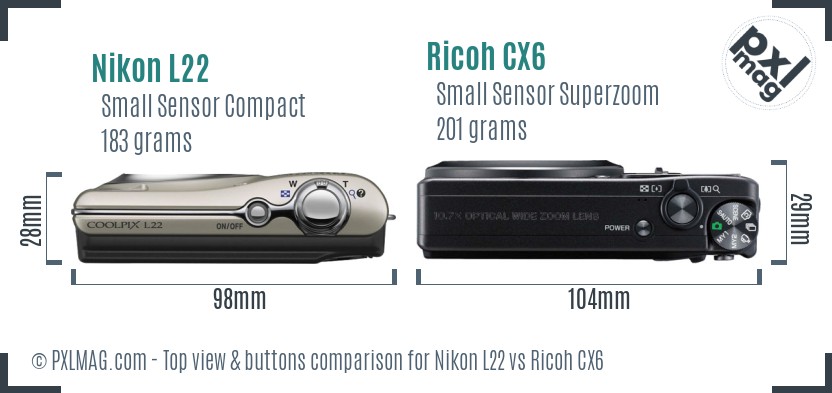 Nikon L22 vs Ricoh CX6 top view buttons comparison