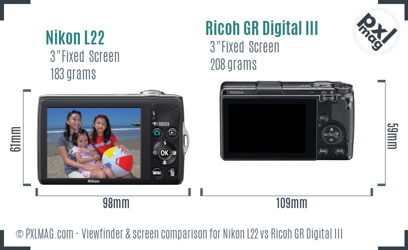 Nikon L22 vs Ricoh GR Digital III Screen and Viewfinder comparison