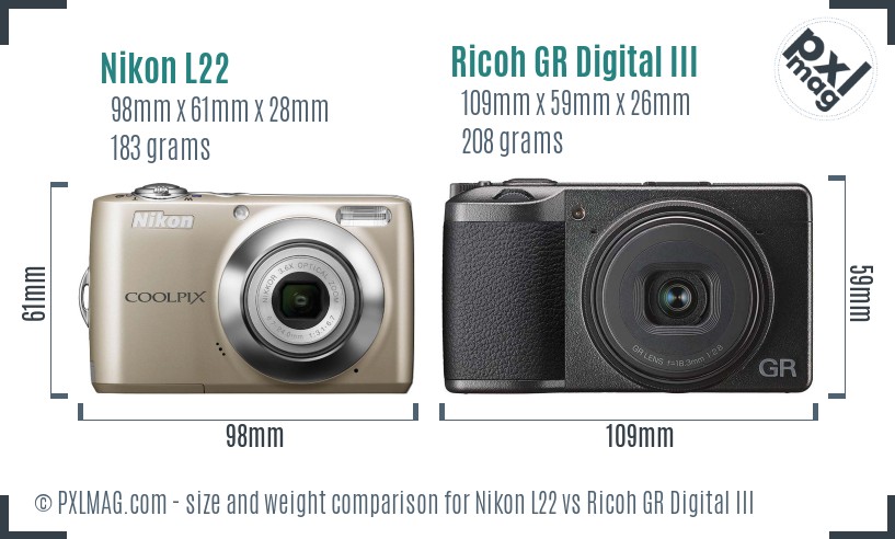 Nikon L22 vs Ricoh GR Digital III size comparison