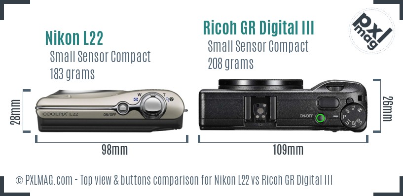 Nikon L22 vs Ricoh GR Digital III top view buttons comparison