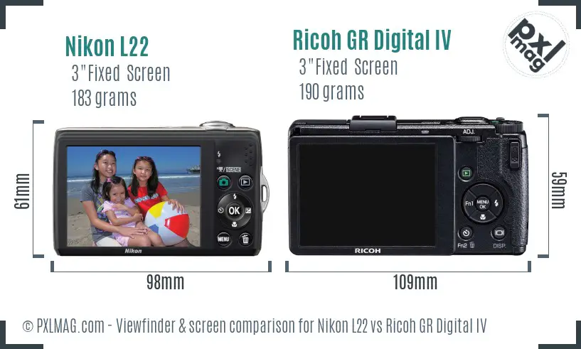 Nikon L22 vs Ricoh GR Digital IV Screen and Viewfinder comparison