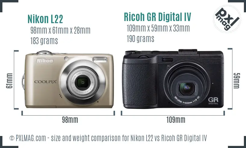 Nikon L22 vs Ricoh GR Digital IV size comparison