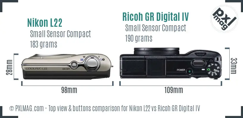 Nikon L22 vs Ricoh GR Digital IV top view buttons comparison