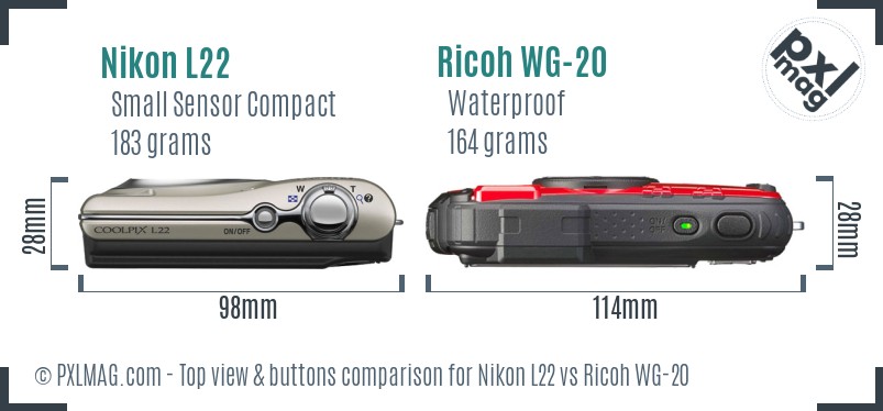 Nikon L22 vs Ricoh WG-20 top view buttons comparison