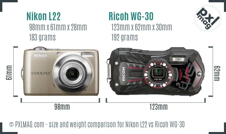 Nikon L22 vs Ricoh WG-30 size comparison