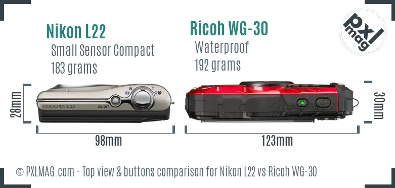 Nikon L22 vs Ricoh WG-30 top view buttons comparison