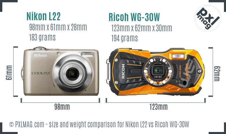 Nikon L22 vs Ricoh WG-30W size comparison
