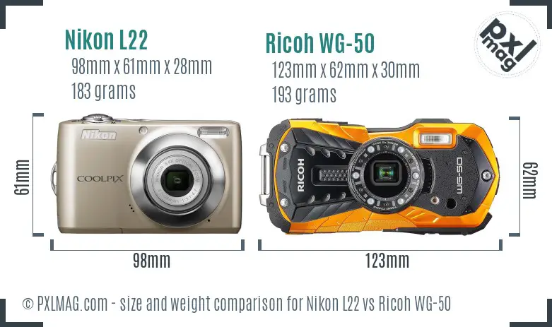 Nikon L22 vs Ricoh WG-50 size comparison