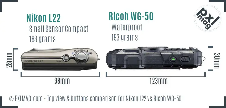 Nikon L22 vs Ricoh WG-50 top view buttons comparison