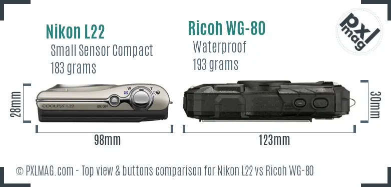 Nikon L22 vs Ricoh WG-80 top view buttons comparison