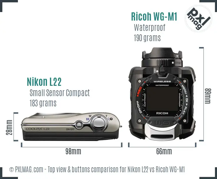 Nikon L22 vs Ricoh WG-M1 top view buttons comparison