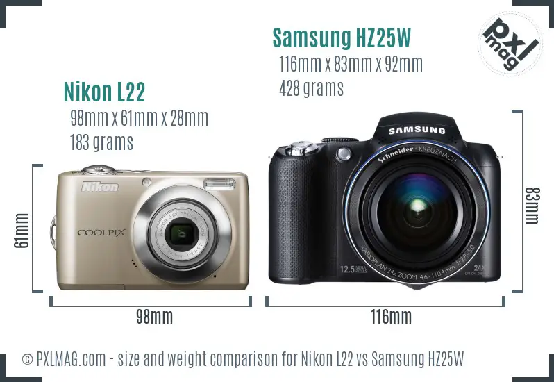 Nikon L22 vs Samsung HZ25W size comparison