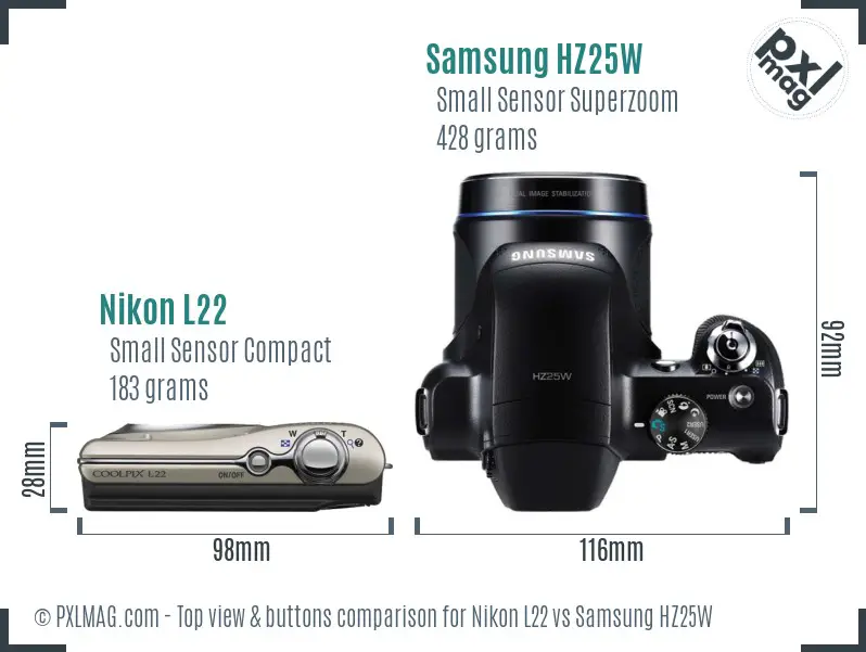 Nikon L22 vs Samsung HZ25W top view buttons comparison
