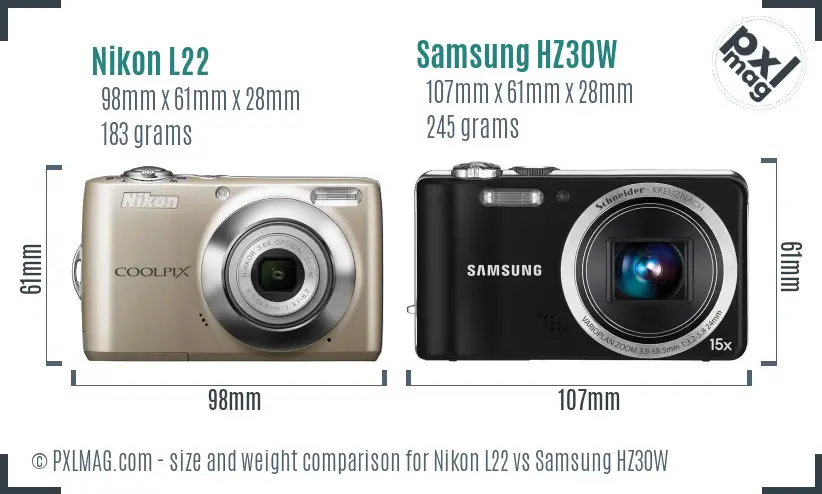Nikon L22 vs Samsung HZ30W size comparison