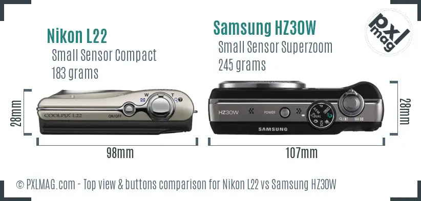Nikon L22 vs Samsung HZ30W top view buttons comparison