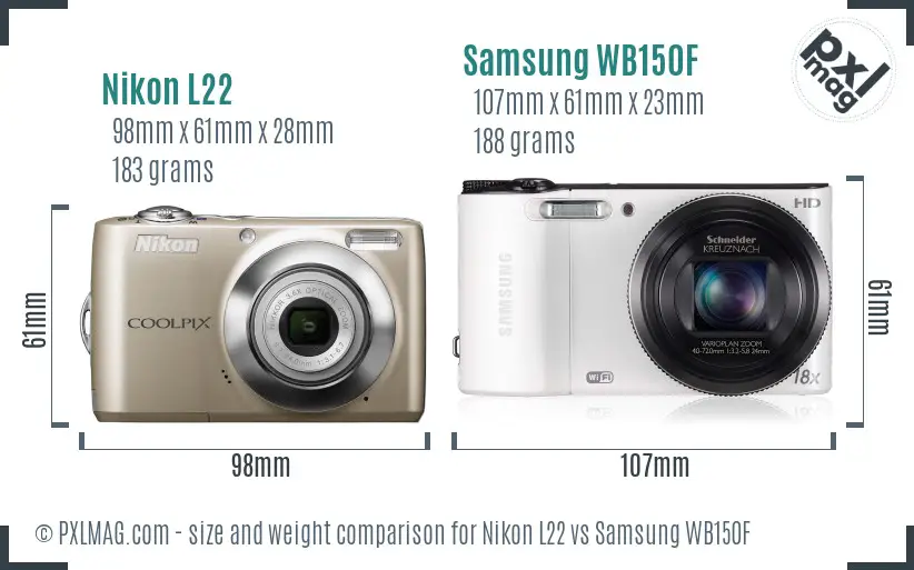 Nikon L22 vs Samsung WB150F size comparison
