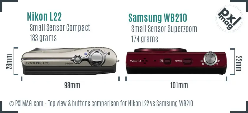 Nikon L22 vs Samsung WB210 top view buttons comparison Nikon L22 vs Samsung WB210 top view buttons comparison