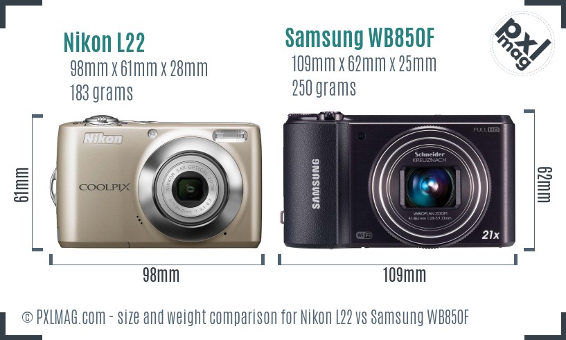 Nikon L22 vs Samsung WB850F size comparison