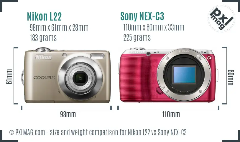 Nikon L22 vs Sony NEX-C3 size comparison