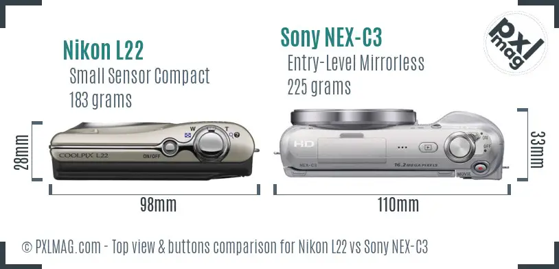 Nikon L22 vs Sony NEX-C3 top view buttons comparison