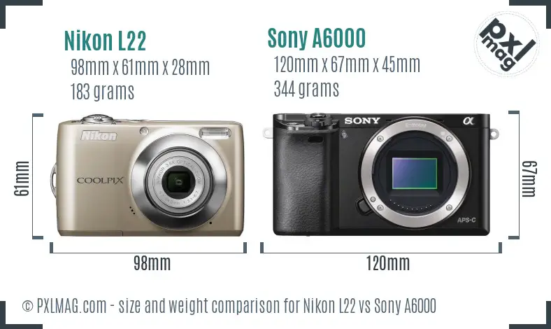 Nikon L22 vs Sony A6000 size comparison