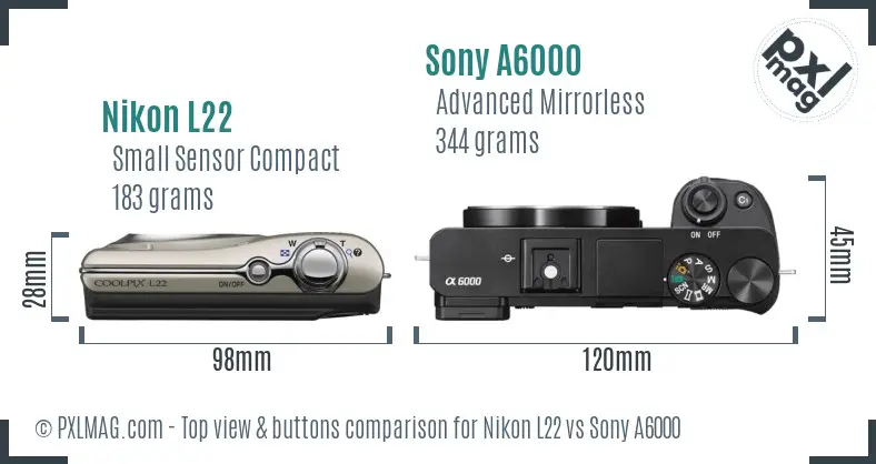Nikon L22 vs Sony A6000 top view buttons comparison
