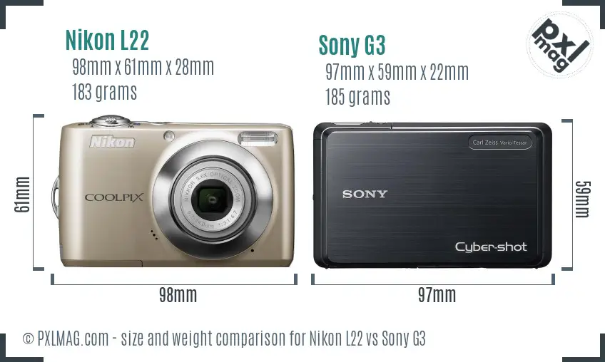 Nikon L22 vs Sony G3 size comparison