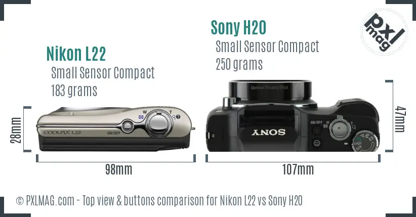 Nikon L22 vs Sony H20 top view buttons comparison