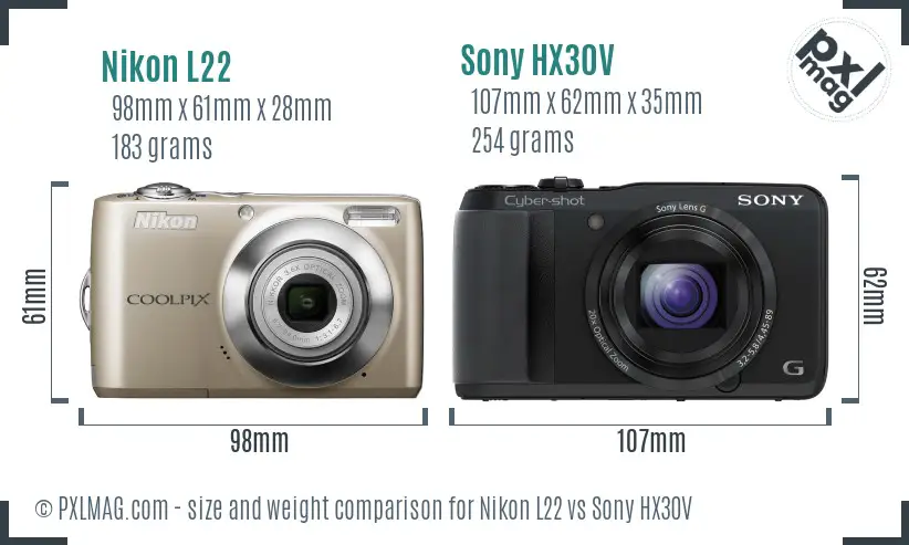 Nikon L22 vs Sony HX30V size comparison