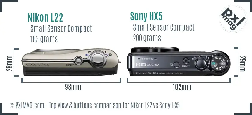 Nikon L22 vs Sony HX5 top view buttons comparison Nikon L22 vs Sony HX5 top view buttons comparison