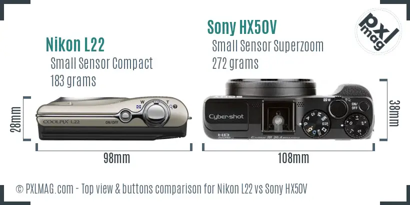 Nikon L22 vs Sony HX50V top view buttons comparison Nikon L22 vs Sony HX50V top view buttons comparison