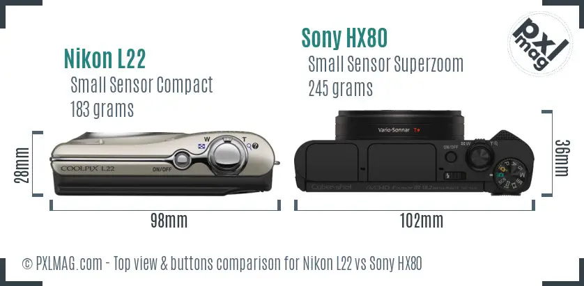 Nikon L22 vs Sony HX80 top view buttons comparison Nikon L22 vs Sony HX80 top view buttons comparison