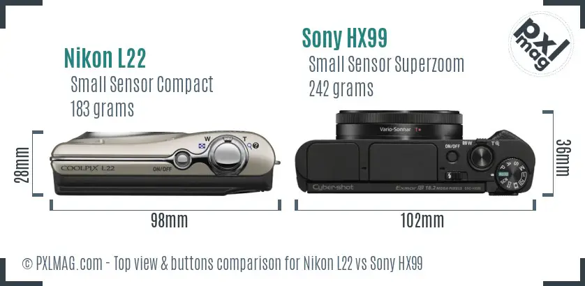 Nikon L22 vs Sony HX99 top view buttons comparison