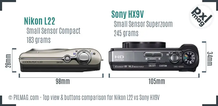 Nikon L22 vs Sony HX9V top view buttons comparison Nikon L22 vs Sony HX9V top view buttons comparison