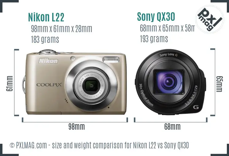 Nikon L22 vs Sony QX30 size comparison