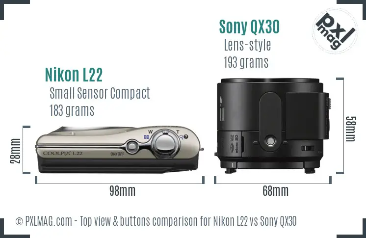 Nikon L22 vs Sony QX30 top view buttons comparison