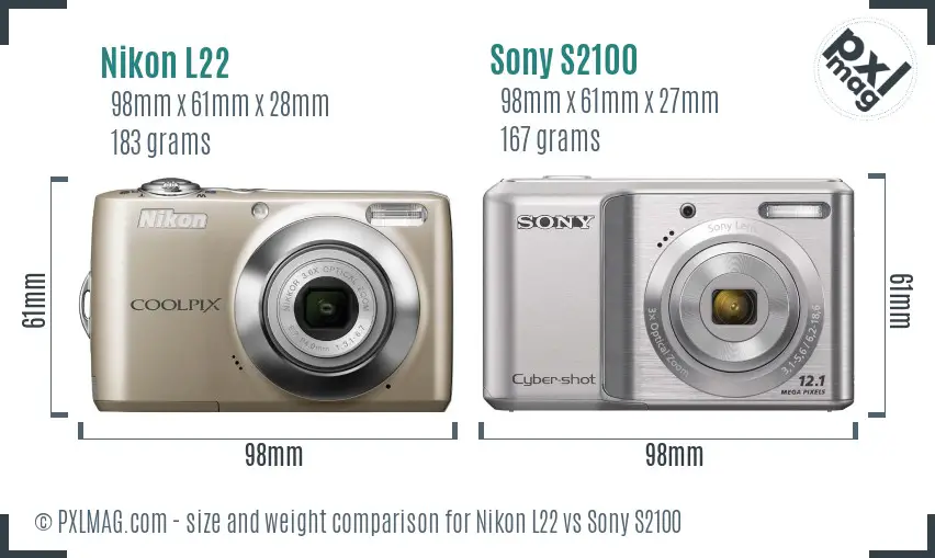 Nikon L22 vs Sony S2100 size comparison