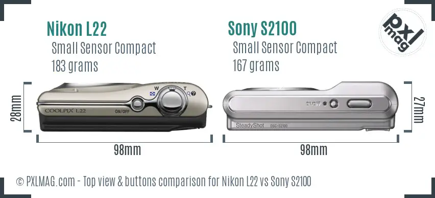 Nikon L22 vs Sony S2100 top view buttons comparison
