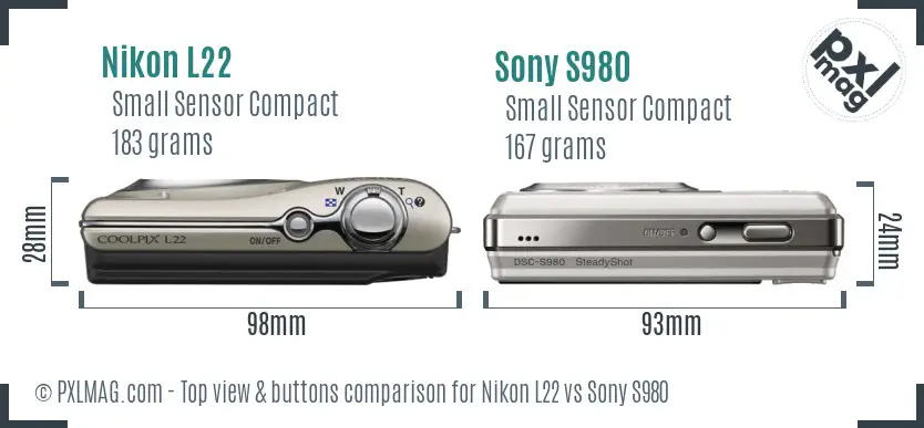 Nikon L22 vs Sony S980 top view buttons comparison