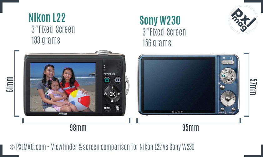 Nikon L22 vs Sony W230 Screen and Viewfinder comparison