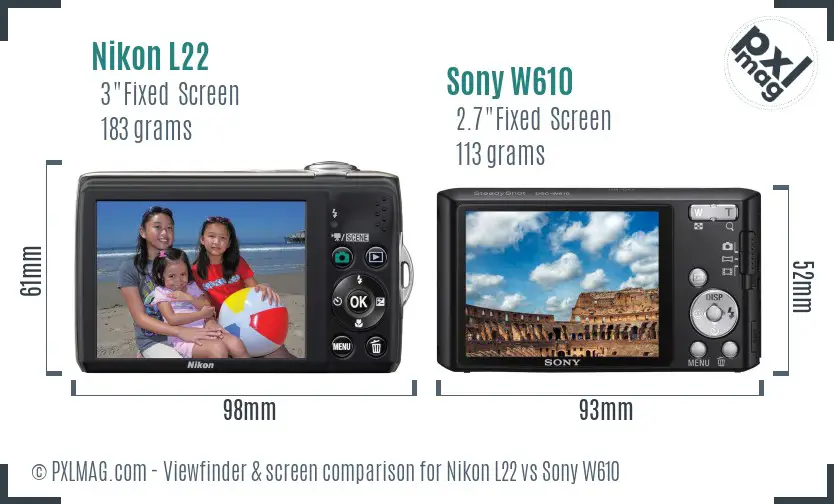 Nikon L22 vs Sony W610 Screen and Viewfinder comparison