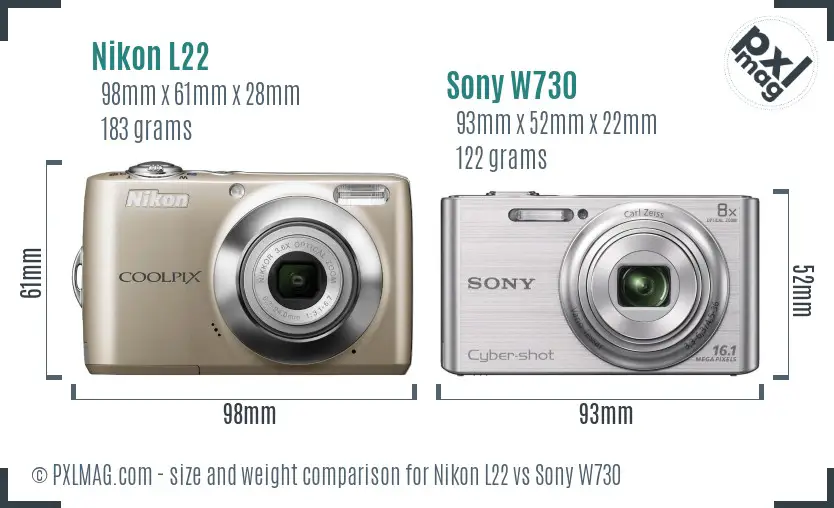 Nikon L22 vs Sony W730 size comparison