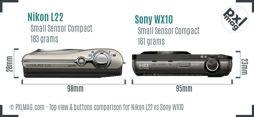 Nikon L22 vs Sony WX10 top view buttons comparison