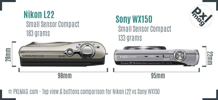 Nikon L22 vs Sony WX150 top view buttons comparison Nikon L22 vs Sony WX150 top view buttons comparison
