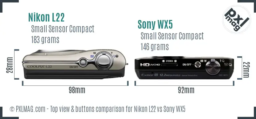 Nikon L22 vs Sony WX5 top view buttons comparison