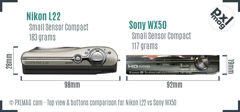 Nikon L22 vs Sony WX50 top view buttons comparison