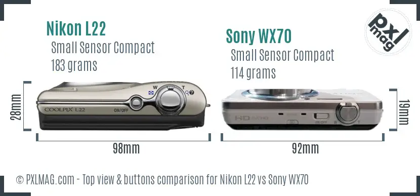 Nikon L22 vs Sony WX70 top view buttons comparison Nikon L22 vs Sony WX70 top view buttons comparison